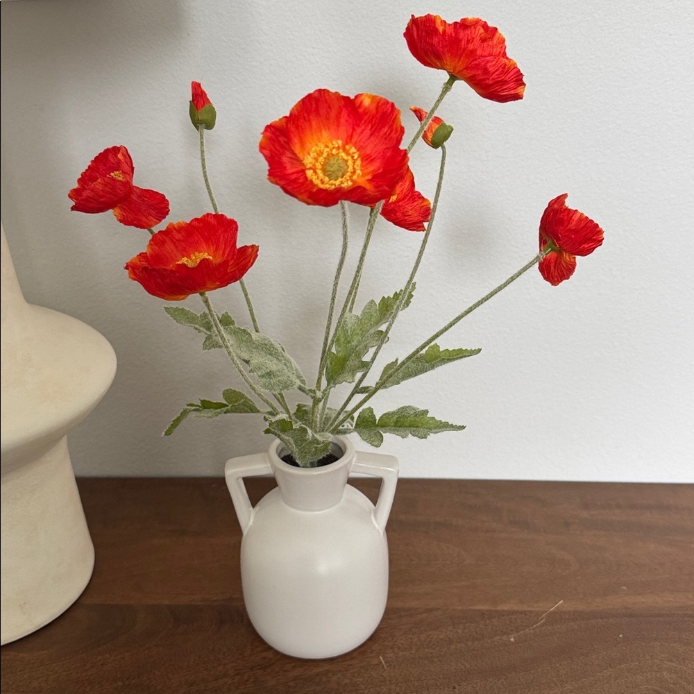 Vibrant orange/redPoppy Flowers in White Vase